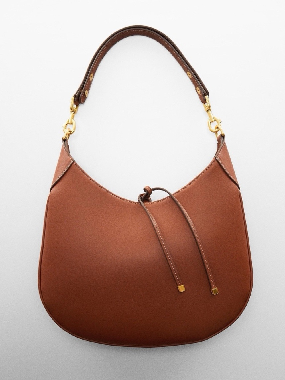 Mango MNG- round Saddle Shoulder tote Bag cognac chestnut Brown, Gold Hardware